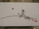 That Zombie's Got Heart (full) Pen line drawing of bloody zombie crawling on the grass, smiling and reaching toward a blue butterfly
