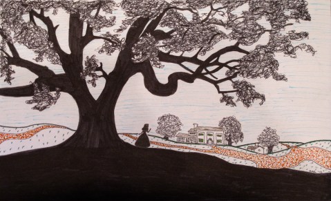 Scarlett's Tara Ink illustration sillhouette of Scarlett O'Hara looking out to her home, Tara and the red, Georgia dirt roads that lead to it