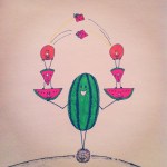 ink illustration of a watermelon balancing on a cocnut as it holds watermelon wedges and oranges in each hand