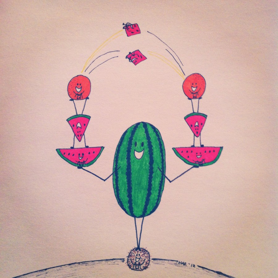ink illustration of a watermelon balancing on a cocnut as it holds watermelon wedges and oranges in each hand