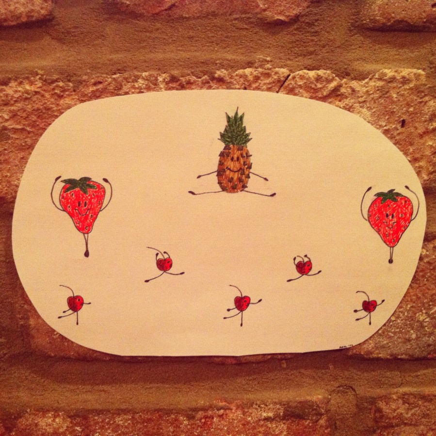 ink illustration of 5 cherries, 2 strawberries and a pineapple performing in a ballet