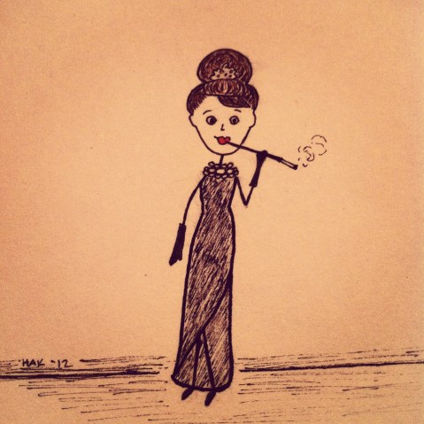 Ink stick figure drawing of Aurdrey Hepburn as Holly Golightly in a long black dress with black gloves, a tiars and a long cigarette