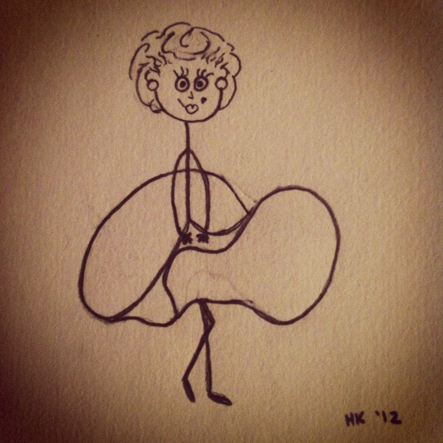 Pencil stickfigure-esque drawing of Marilyn Monroe in the Seven Year Itch secen standing over the subway grate