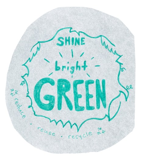 Positive green message reading, shine bright green. Illustrated with a circle of leaves and vines surrounding it and reduce reuse recycle written below.